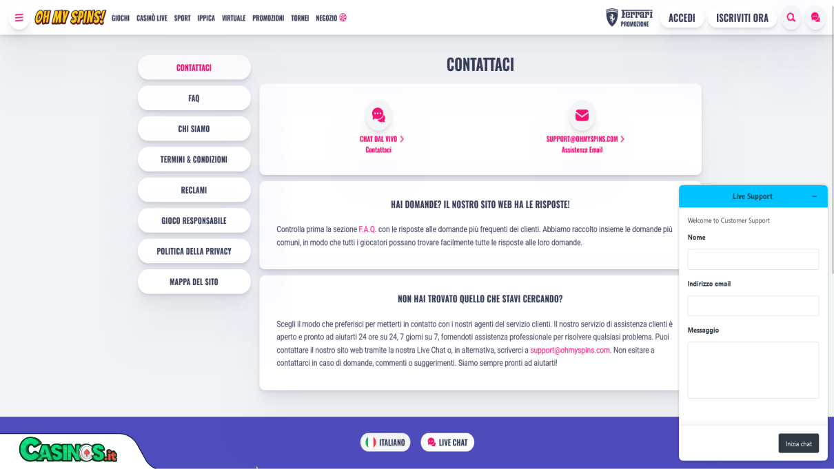 OhMySpins Casino Supporto