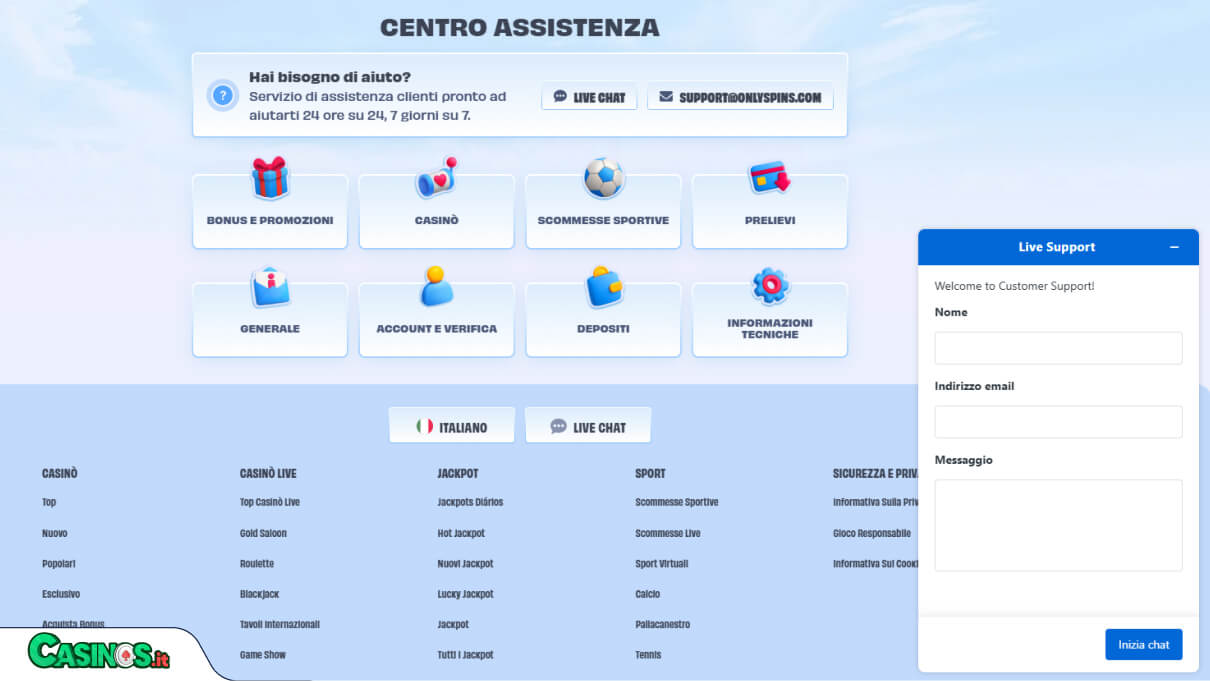 OnlySpins Casino Supporto