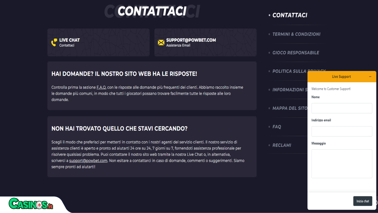 PowBet Casino Supporto