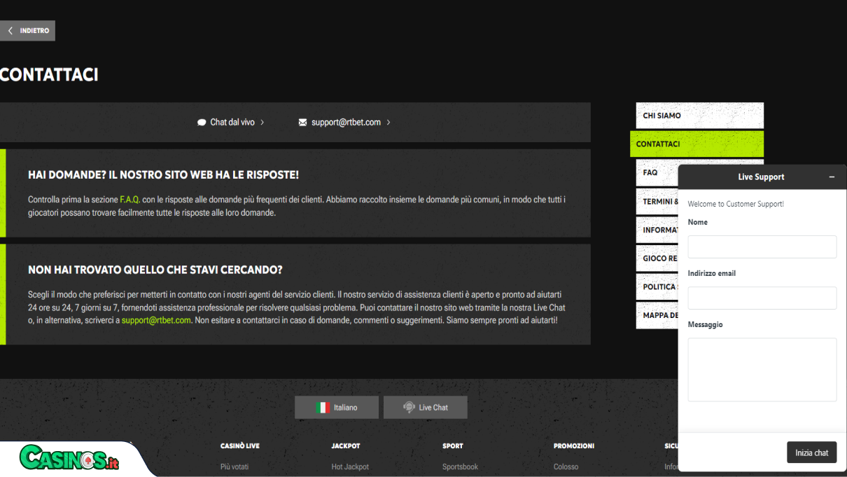 RTBetCasino Supporto