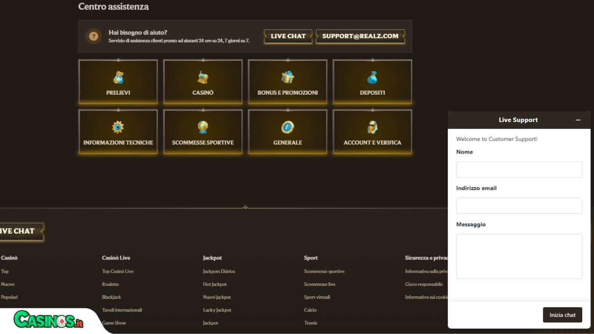 Realz Casino Supporto