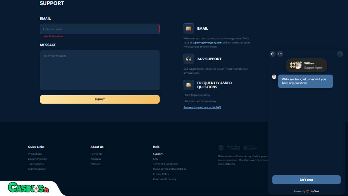 Revery Play Casino Supporto