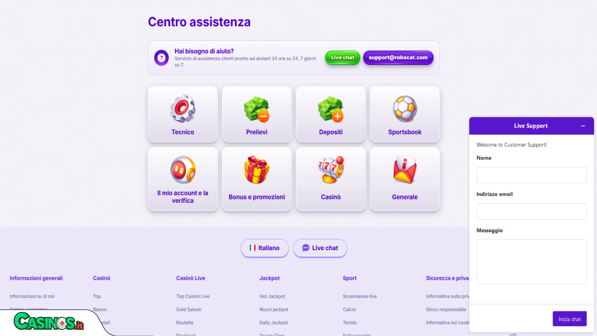 Robocat Casino Supporto