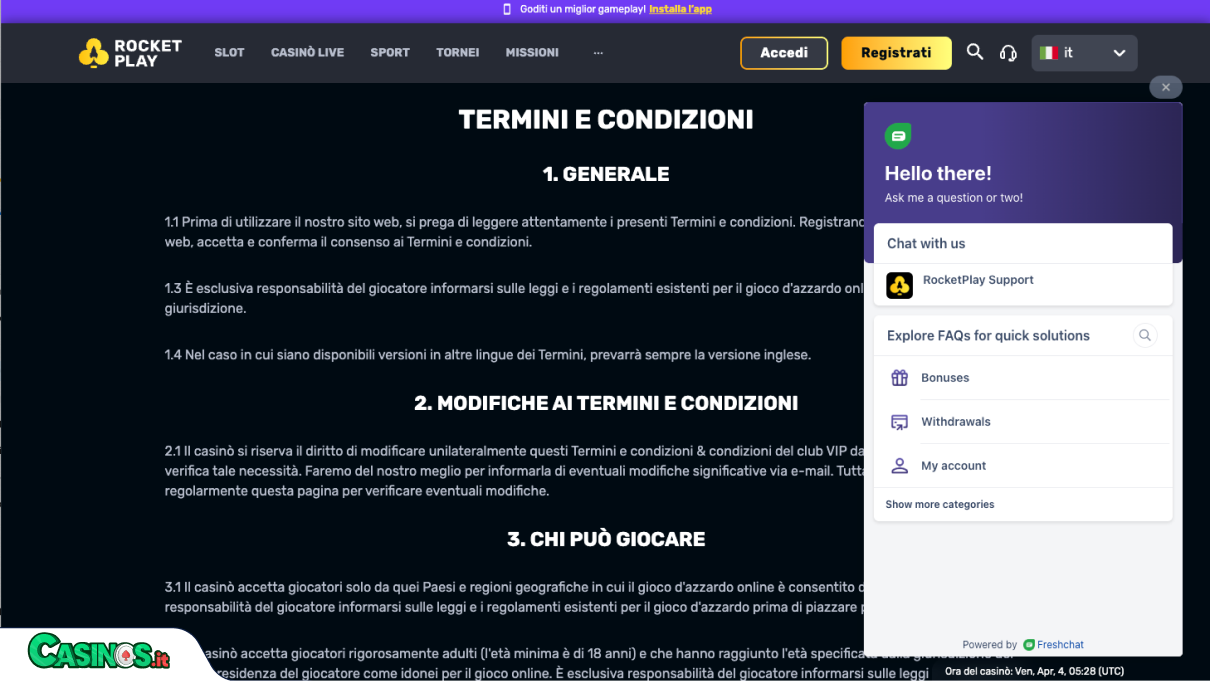 Rocket Play Casino Supporto
