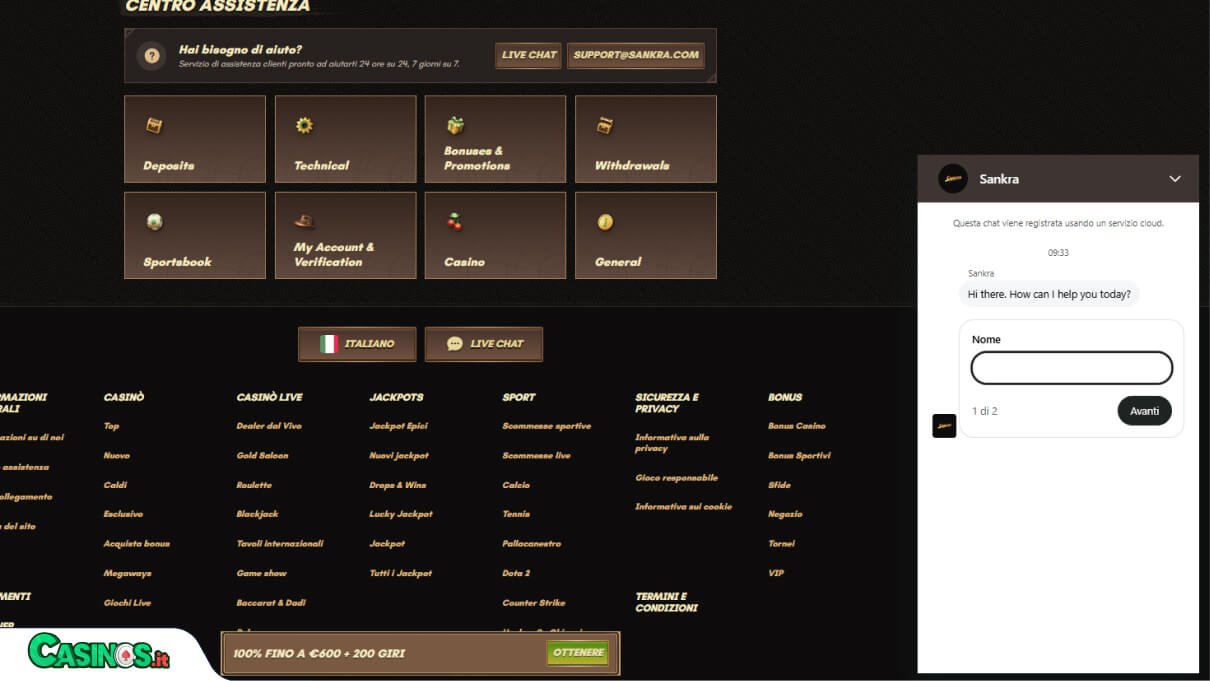 Sankra Casino Supporto