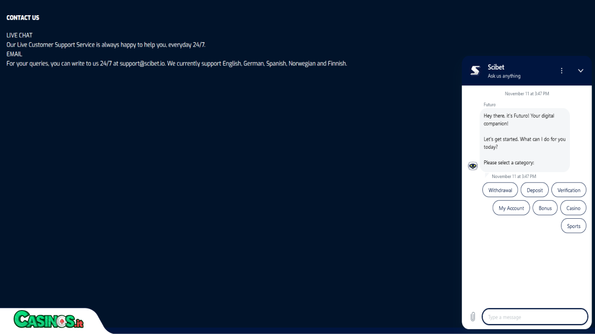 SciBet Casino Supporto
