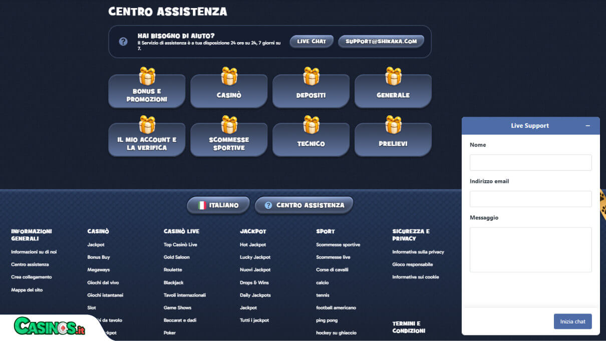 Shikaka Casino Supporto