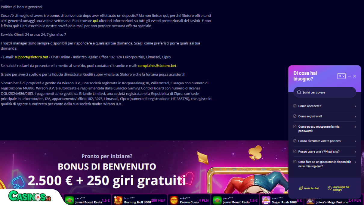 Slotoro Casino Supporto