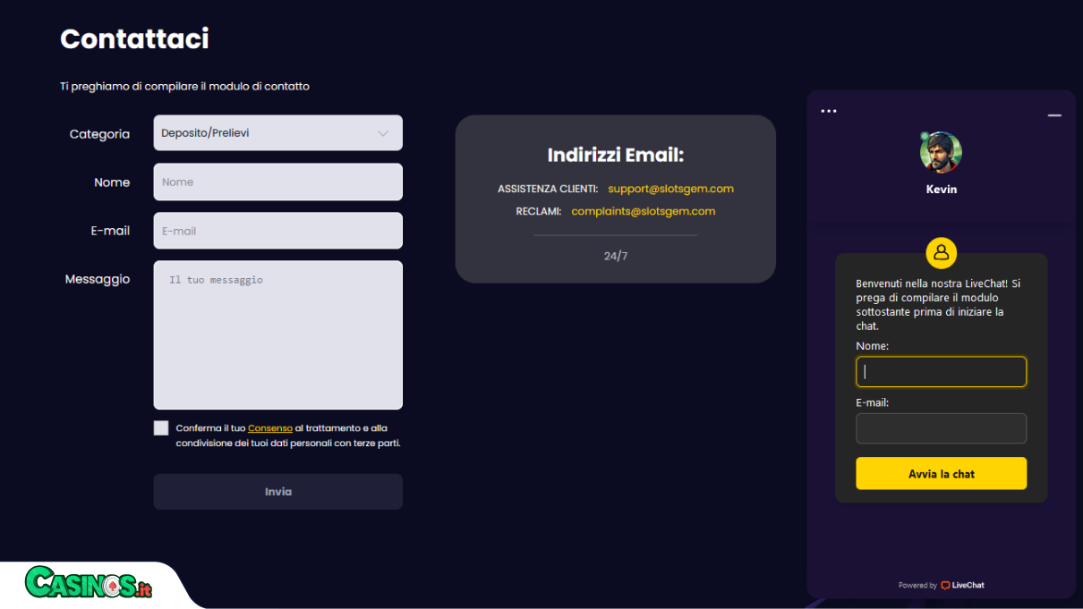 SlotsGem Casino Supporto