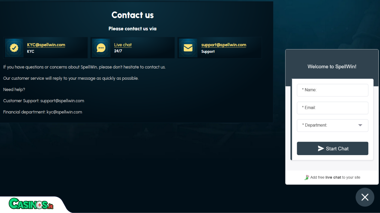 SpellWin Casino Supporto