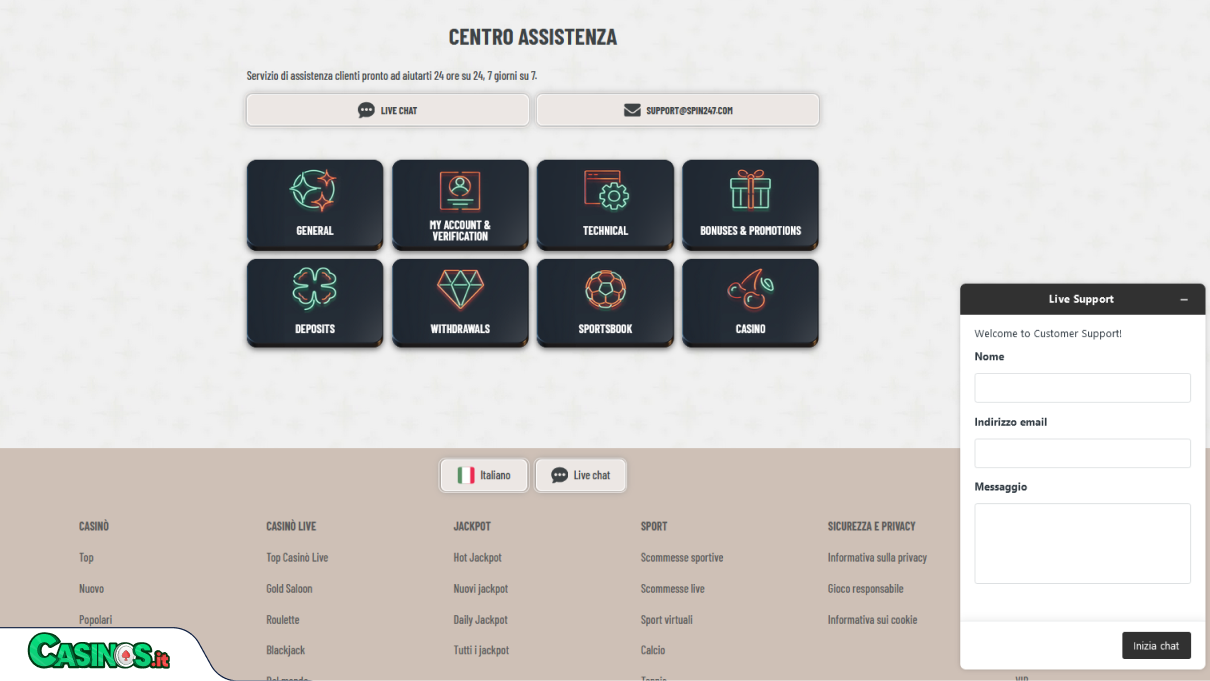 Spin247 Casino Supporto