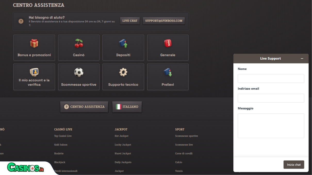 SpinBoss Casino Supporto