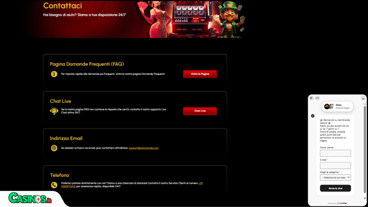 SpinGrande Casino Supporto