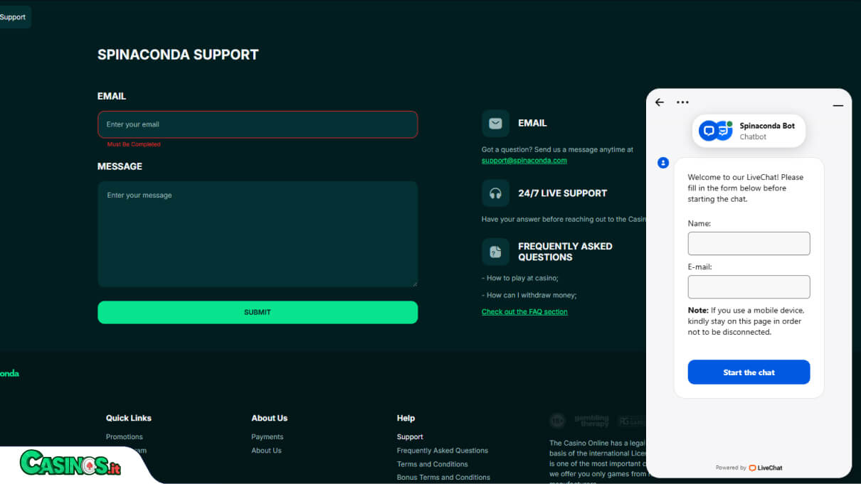 Spinaconda Casino Supporto