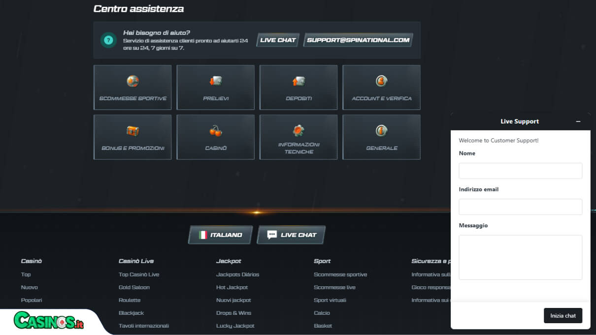 Spinational Casino Supporto
