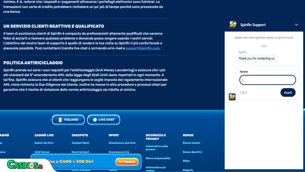 Spinfin Casino Supporto