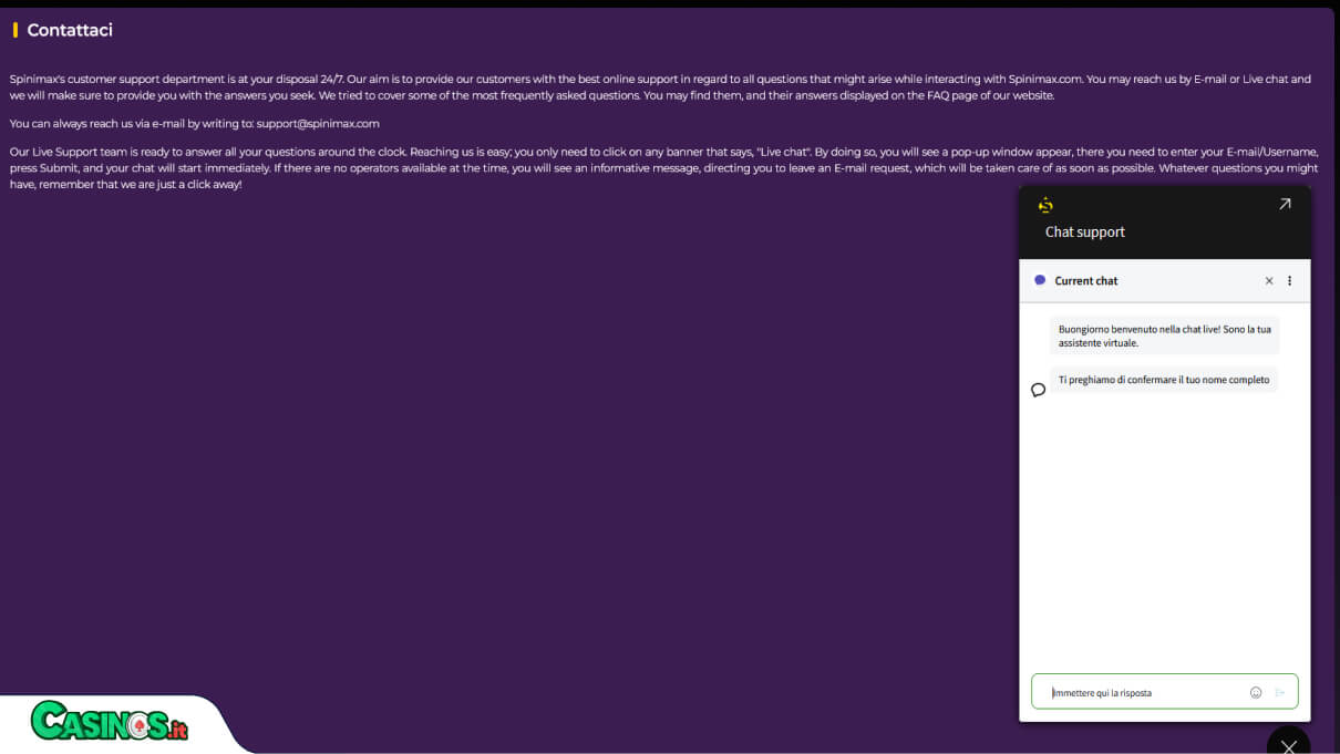 SpiniMax Casino Supporto