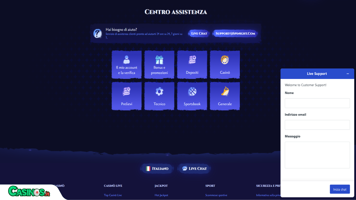 Spinight Casino Supporto