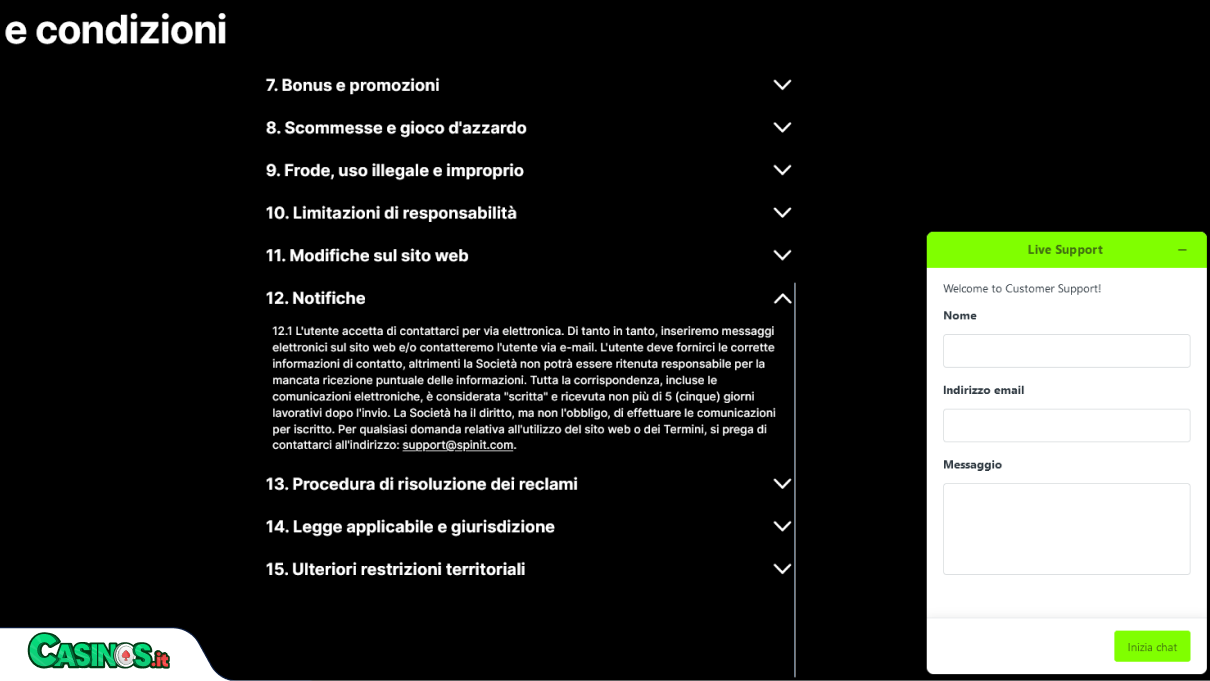 Spinit Casino Supporto