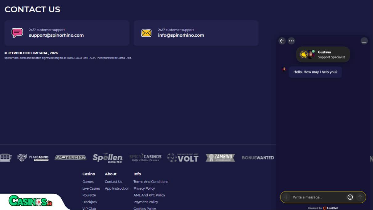 Spinorhino Casino Supporto