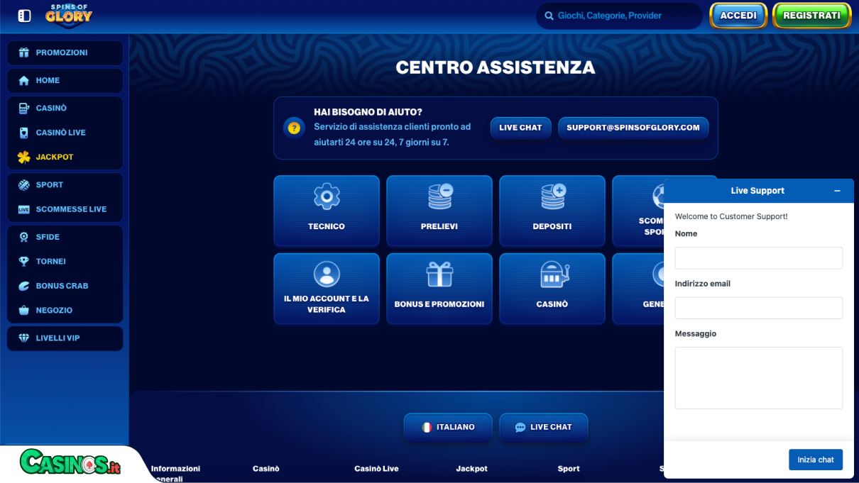 Spins of Glory Casino Supporto