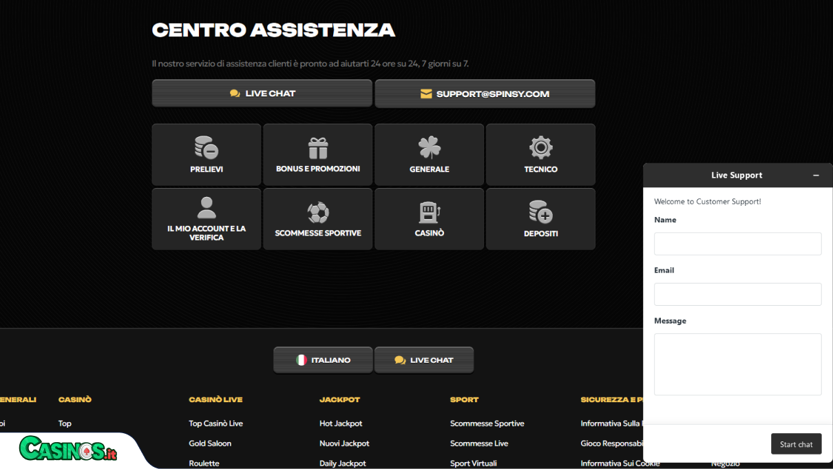 Spinsy Casino Supporto