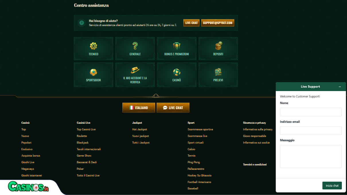 SpyBet Casino Supporto