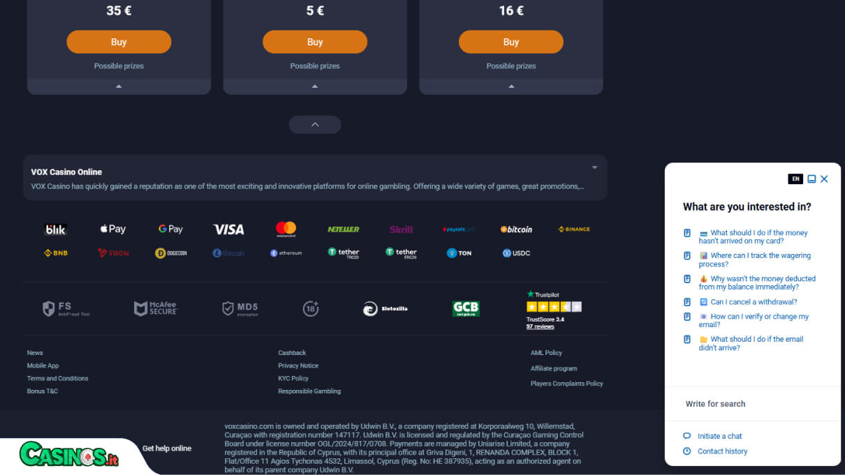 VOX Casino Supporto