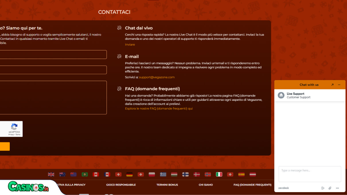 VegaZone Casino Supporto