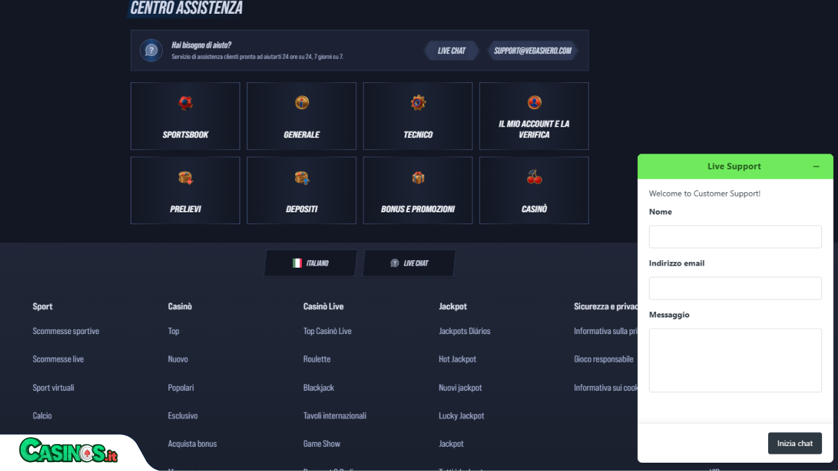 VegasHero Casino Supporto
