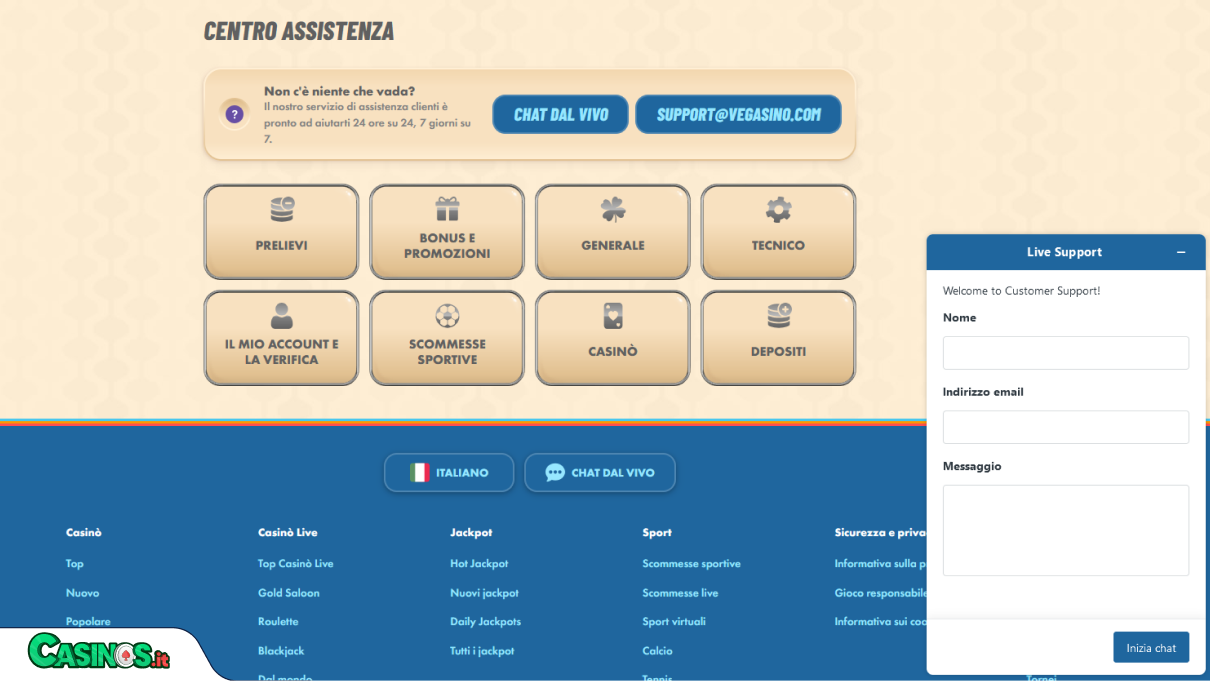 Vegasino Casino Supporto
