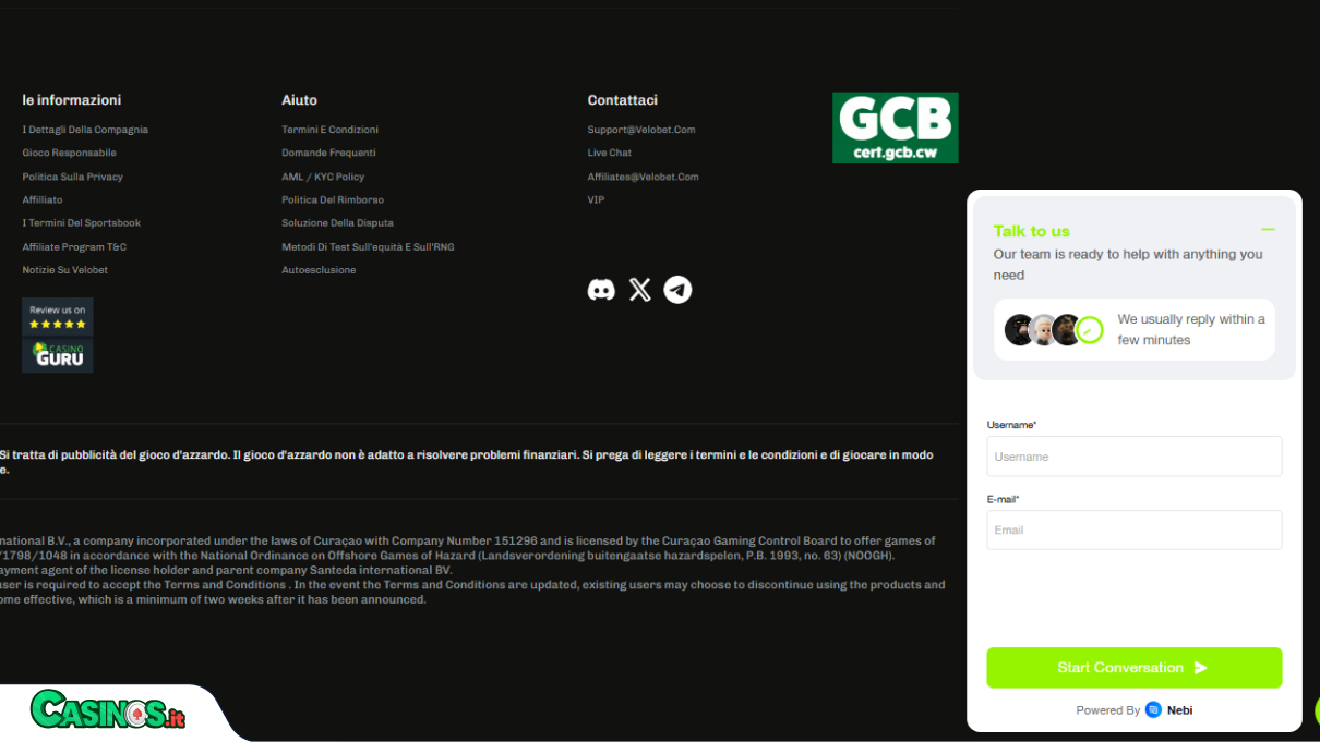Velobet Casino Supporto