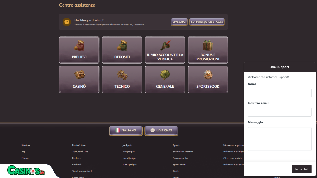 ViciBet Casino Supporto