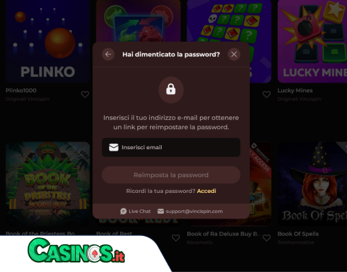 VinciSpin Casino problema di accesso