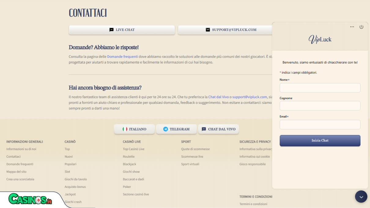 VipLuck Casino Supporto