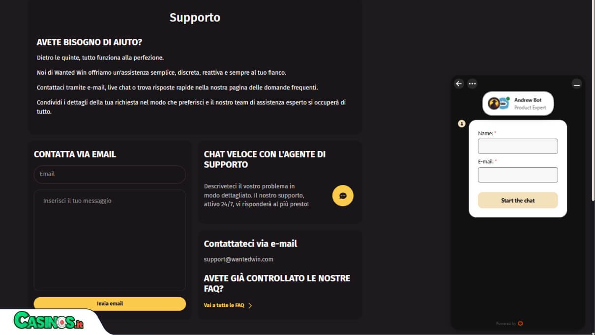 Wanted Win Casino Supporto
