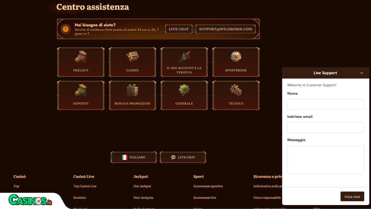 Wild Robin Casino Supporto