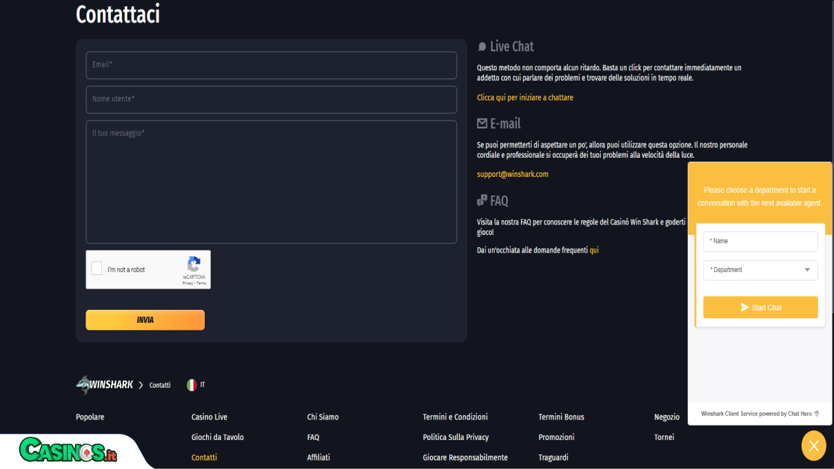 WinShark Casino Supporto