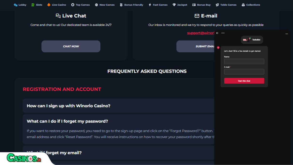 Winorio Casino Supporto
