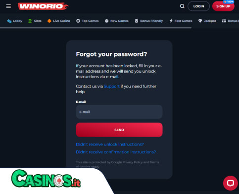 Winorio Casino problema di accesso