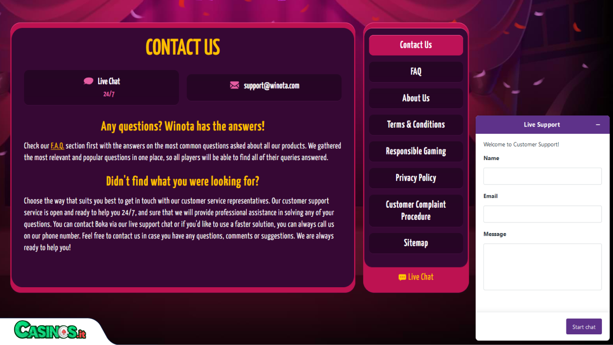 Winota Casino Supporto