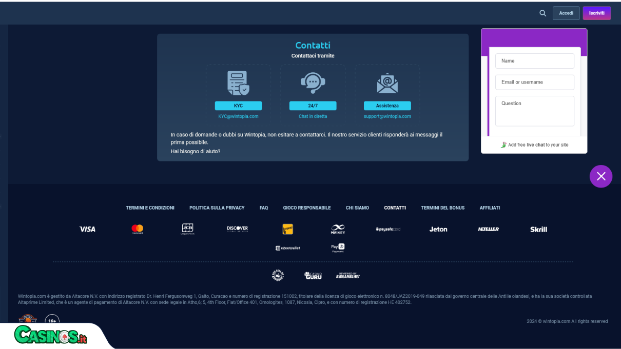 Wintopia Casino Supporto