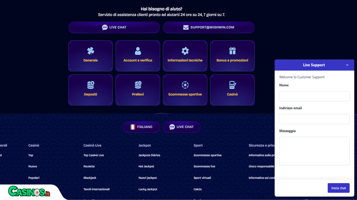 WishWin Casino Supporto