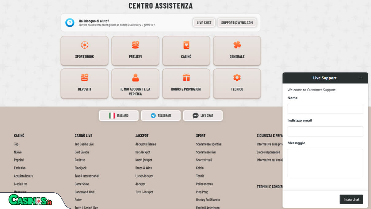Wyns Casino Supporto