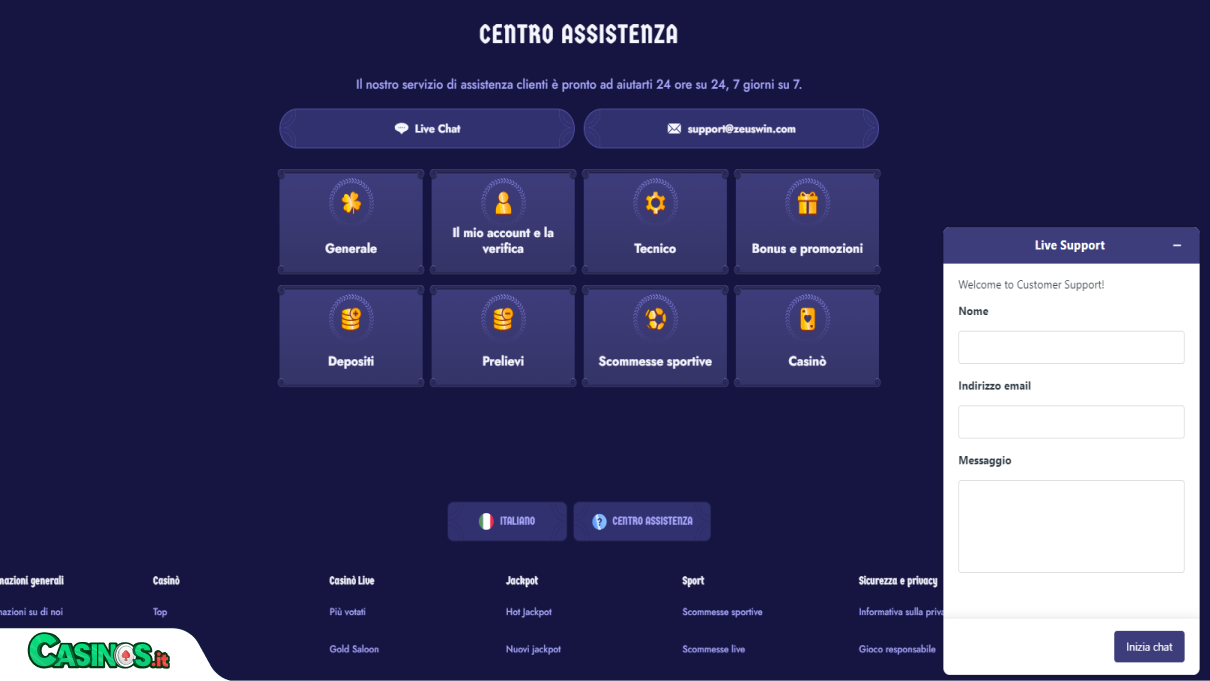 ZeusWin Casino Supporto