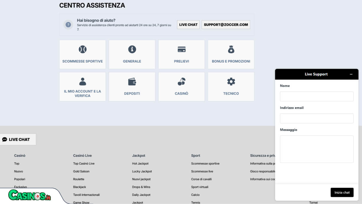 Zoccer Casino Supporto