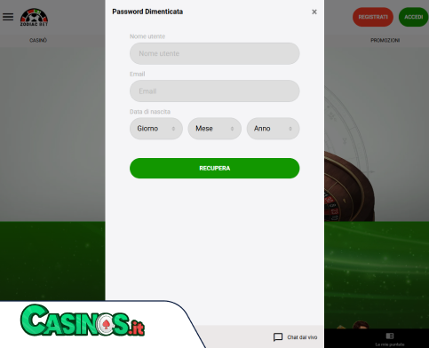 ZodiacBet Casino problema di accesso